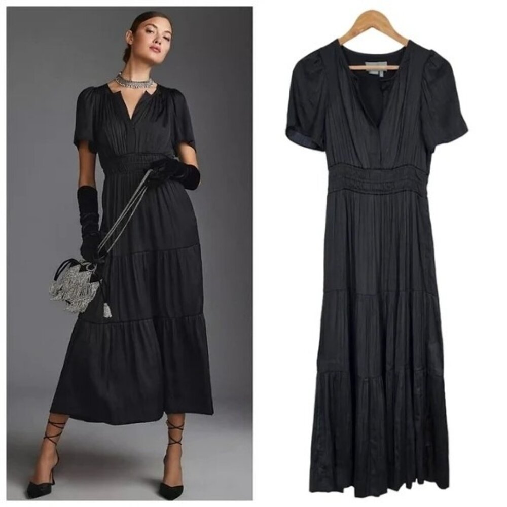 Anthropologie The Somerset V-Neck Empire Waist Tiered Midi Dress Black Sz Small
